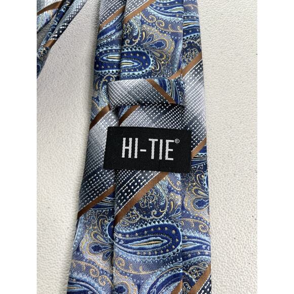 Hi-Tie Gray, Blue Striped/Paisley Pattern 100% Silk Hand Tailored Tie NWOT - Picture 5 of 7